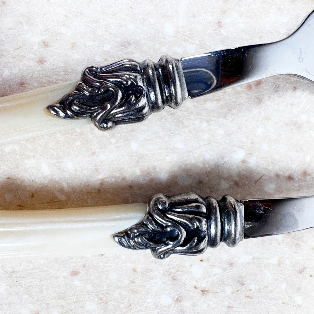 Inox 18/10 Italy Cream Faux Bone Handle Fish Serving Set‎ 6 Forks + Server